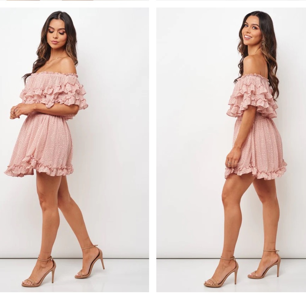Saints & Secrets FASHION PINK FLORAL PRINT OFF SHOULDER RUFFLE DRESS Large